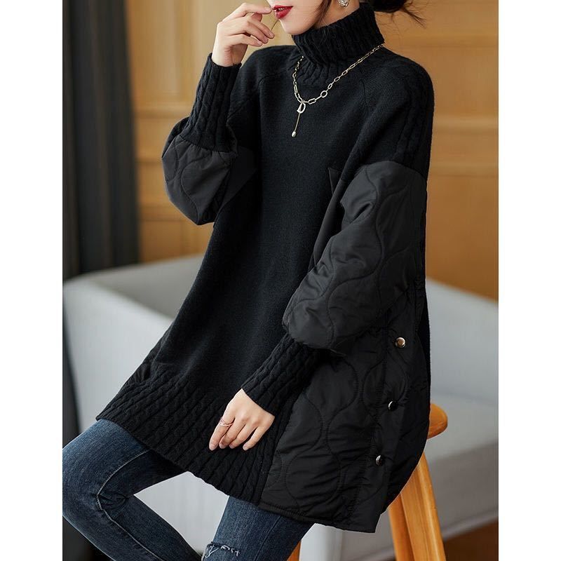 Damenbekleidung Pullover Spleißen Strickpullover für dicke MM Pullover mit hohem Halsausschnitt Unterhemd für Frauen Zweiteilige Oberteile Herbst und Winter neu_voghion.com