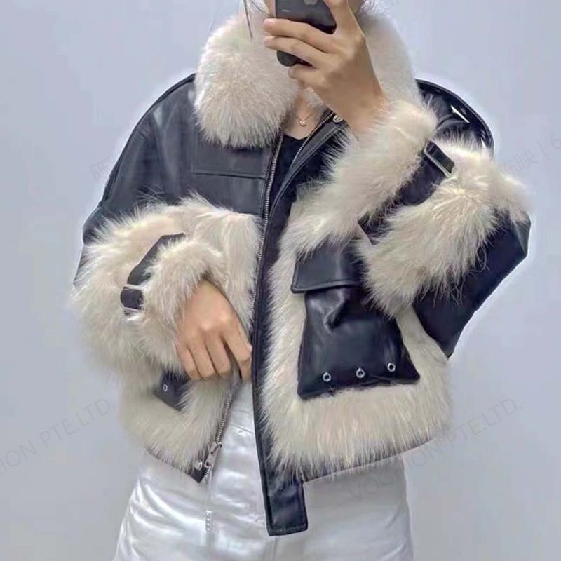 Damen Fuchspelz Patchwork Pelz Motorrad Vintage Lose Jacke_voghion.com