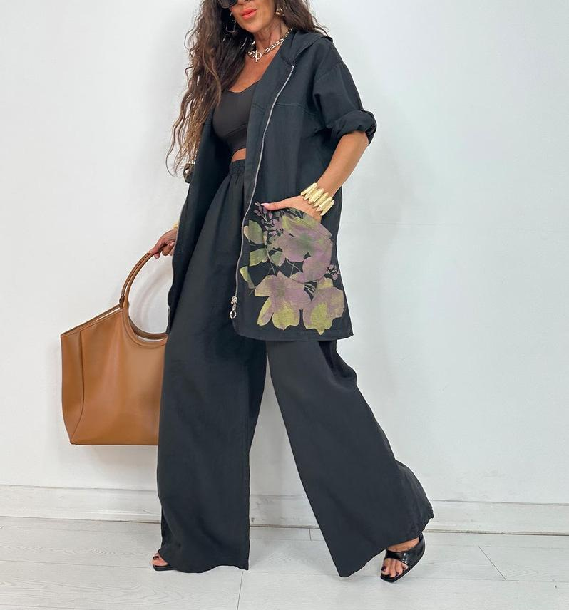 Şık Çiçek Desenli Uzun Kollu Pantolon Takımı – Rahat Polyester Ev ve Ofis Giyimi (S-5XL, Sarı/Yeşil/Bej/Haki/Siyah, Büyük Bedenlere Uygun)_voghion.com