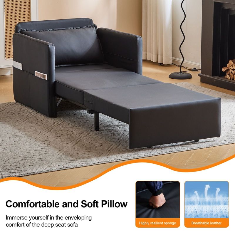 Adult Sleeper Chair Bed, 3-in-1 Convertible Sofa Chair Bed Pull-out Sofa Bed, Convenient Folding Tray Table With USB And Type-C Charging Ports For Living Room,BLACK,Leather_voghion.com