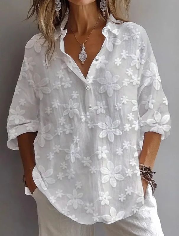 Dameskleding Dames casual V-hals blouse met korte mouwen - effen kleur lente/herfst top met knoopdetail en geborduurd ontwerp_voghion.com