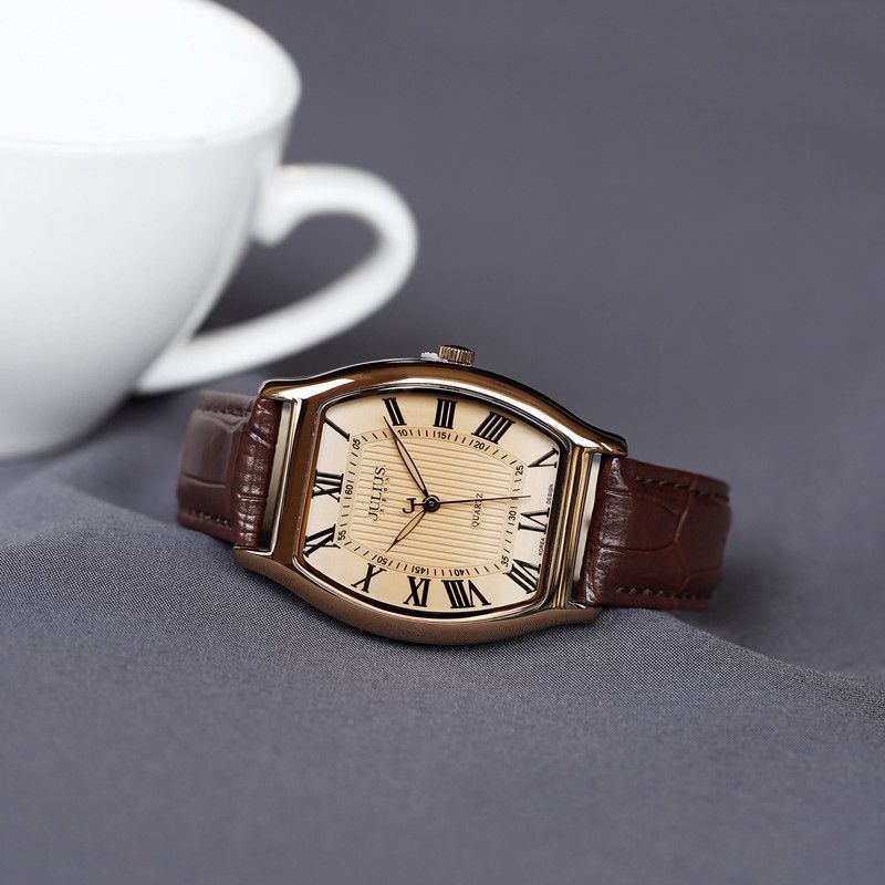 Orologio da coppia elegante alla moda Romanico semplice Cinturino in pelle di alta qualità regalo Orologio da lavoro casual al quarzo impermeabile a forma di botte di vino_voghion.com