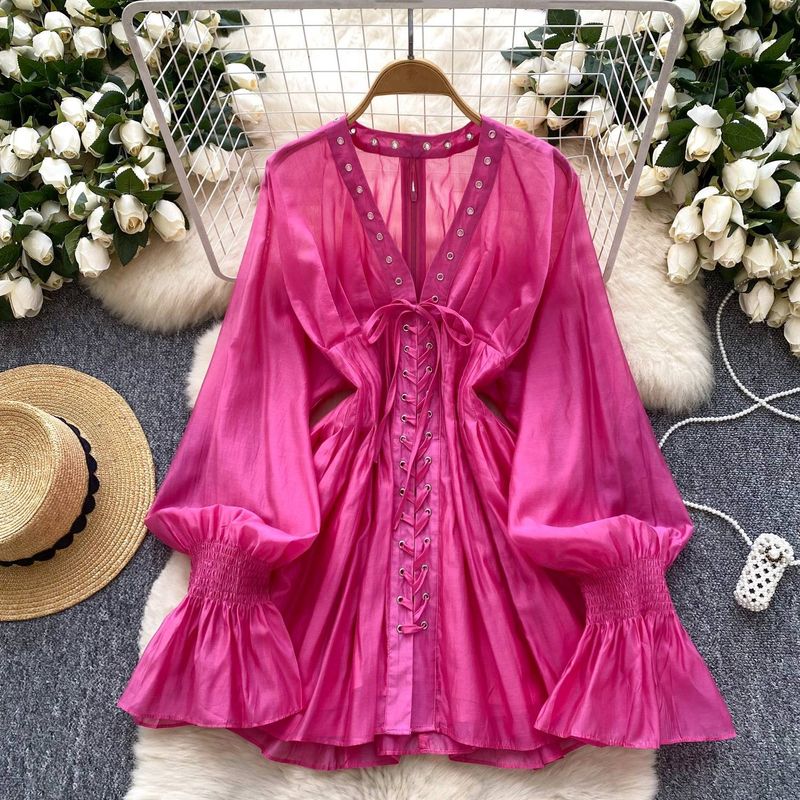 Women's Clothing Design Deep V Neck Strap Waist Slimming Dress Female Summer Pure Desire Style Shirt Dress_voghion.com