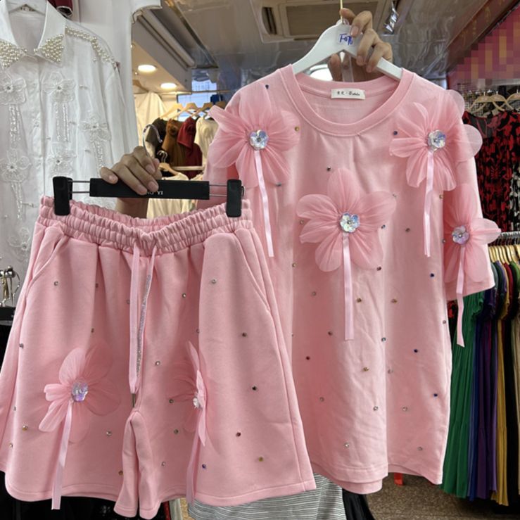 Women's Clothing Summer Suit Studded Three Dimensional Flower T Shirt Top Elastic Waist Wide Leg Shorts Two Piece Set_voghion.com