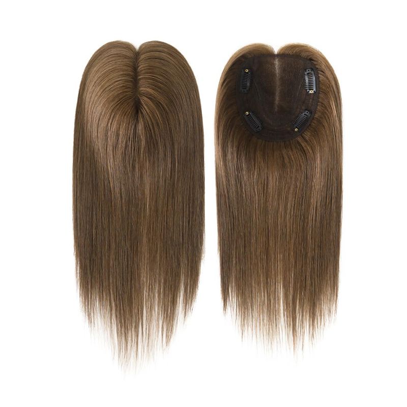 Durable Lace Center 100% Human Hair Topper For Women, Hair Top Pieces 4 Clips In Topper Medium Brown Color #4 Hair Length 12 Inches_voghion.com