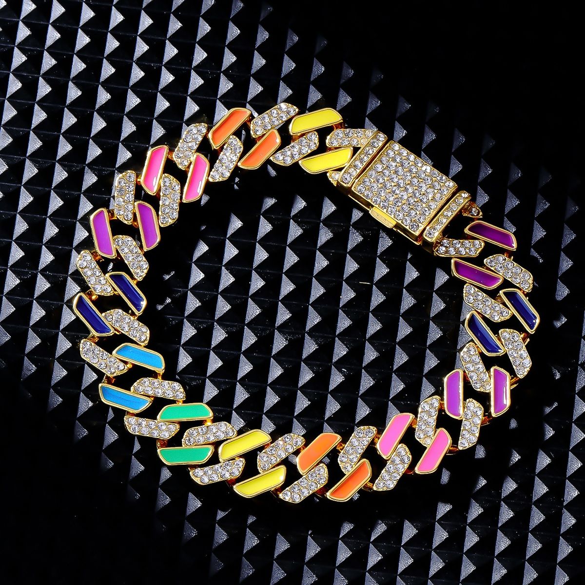 Cuban personality hip-hop hip-hop dance trend is more than rainbow, several colors alloy inlaid white diamond bracelet_voghion.com