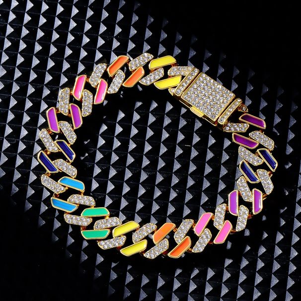 Cuban personality hip-hop hip-hop dance trend is more than rainbow, several colors alloy inlaid white diamond bracelet_voghion.com