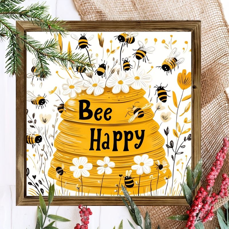 Holzschild „Bee Happy“ (20,3 x 20,3 cm) – rustikale Bauernhaus-Wandkunst mit Bienenstock und Gänseblümchen, perfekt für Zuhause/Garten/Büro – ideales Oster- und Frühlingsgeschenk_voghion.com