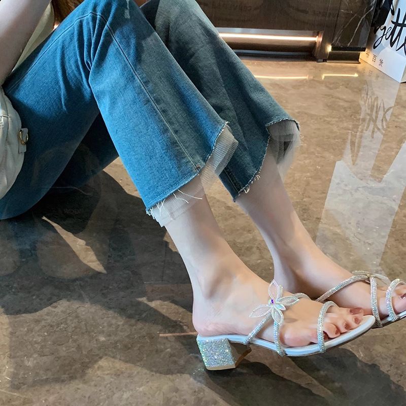Women's Glitter High Heel Sandals - Elegant French Style With Cross Strap & Butterfly Detail (Thin Heel & Comfortable Design For Evening Parties)​_voghion.com