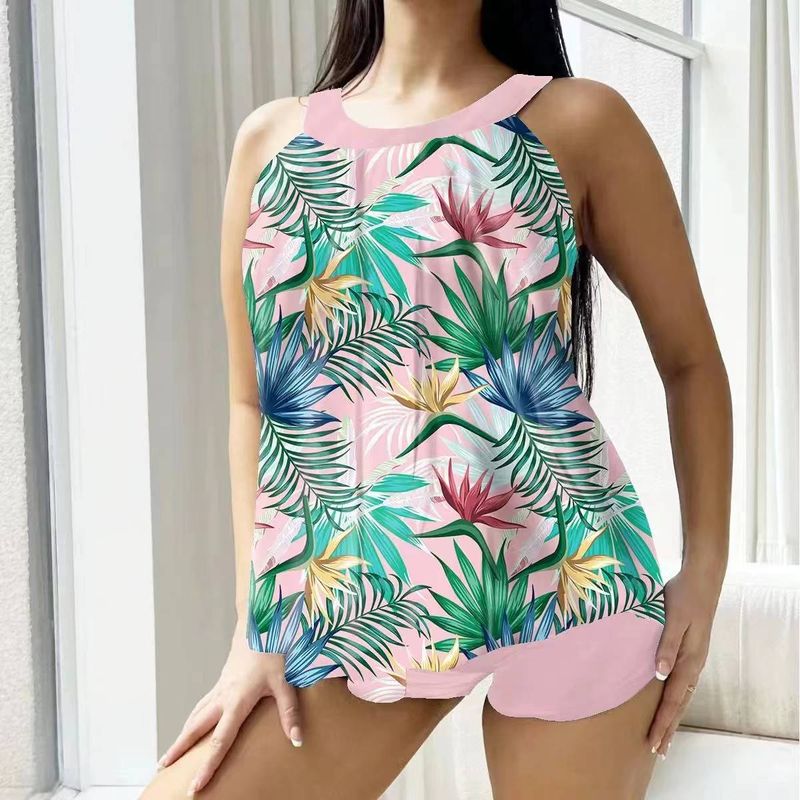 Europe and the United States conservative skirt split swimsuit leaf print lady fat sister tankini_voghion.com