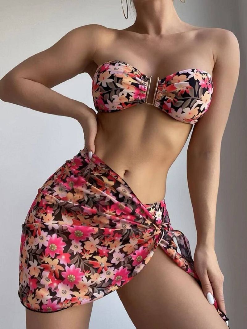 Conjunto de três peças de saia de malha de biquíni sexy europeu e americano com lindas roupas de praia coloridas e estampadas_voghion.com