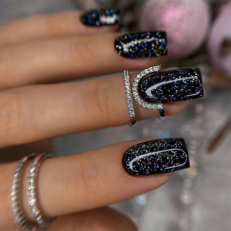 24 pieces of medium long square nail, pure black glitter powder, hot girls' explosive glitter nail nail art wear nail&1 eraser strip and 1 gel_voghion.com