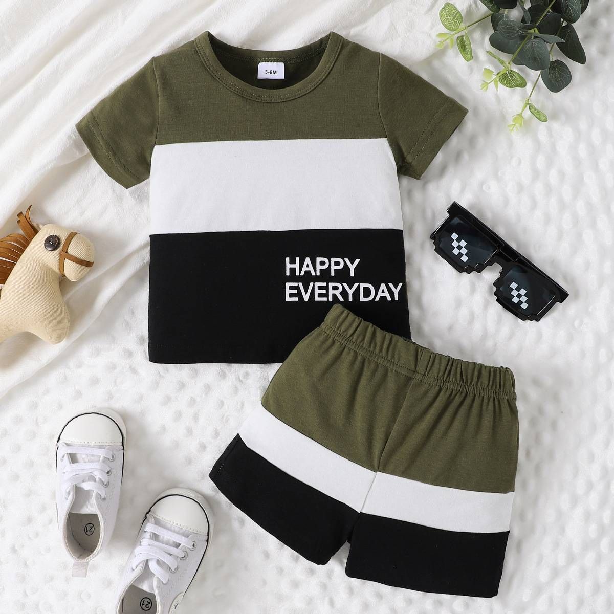 "Breathable Cotton Toddler Boys Summer Outfit Set - Short Sleeve Round Neck Top & Matching Shorts With Colorful Stitching (3-7 Years)"_voghion.com