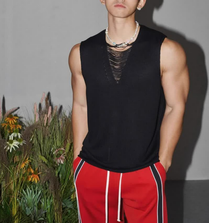 American Street Style Niche Design V-Neck Knit Vest For Men Casual Loose Simple Solid Color Sleeveless Top Trendy_voghion.com