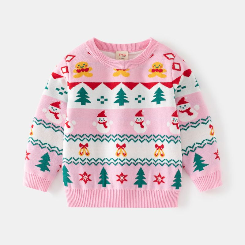 Herbst und Winter Kinderkleidung für Mädchen Urlaub Rundhalspullover Baby Schneemann Strickoberteil_voghion.com