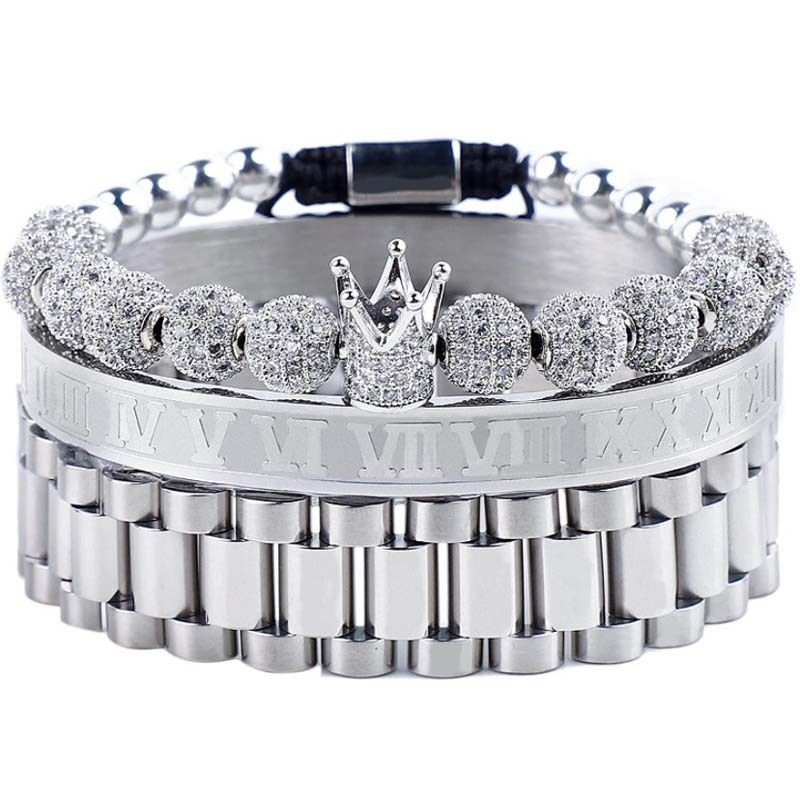 Bracciale da uomo con corona intrecciata, con sfere in zirconio e testo romano, in acciaio inossidabile, con catena per orologio da uomo in acciaio al titanio_voghion.com