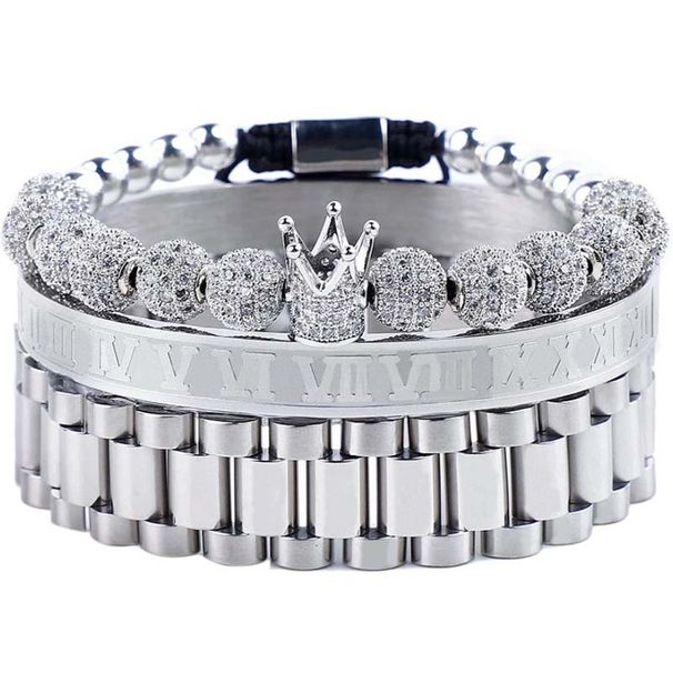 Bracciale da uomo con corona intrecciata, con sfere in zirconio e testo romano, in acciaio inossidabile, con catena per orologio da uomo in acciaio al titanio_voghion.com