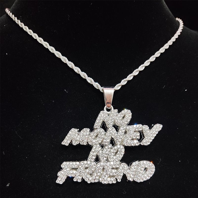 Männer Frauen Hip Hop KEIN Geld, kein Freund Anhänger Halskette mit 13mm kubanischer Kette HipHop Iced Out Bling Halsketten Mode_voghion.com