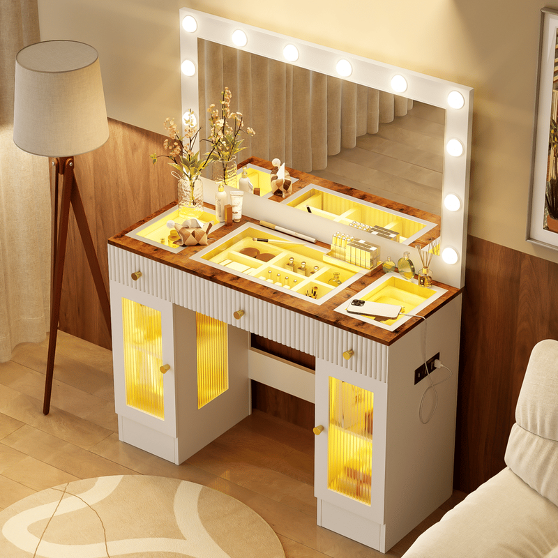 43.3' Vanity Desk With Large Mirror And Hollywood Bulbs, Modern Glass Top Makeup Vanity With Drawers And Power Outlet, Large Dressing Table With 3 C_voghion.com
