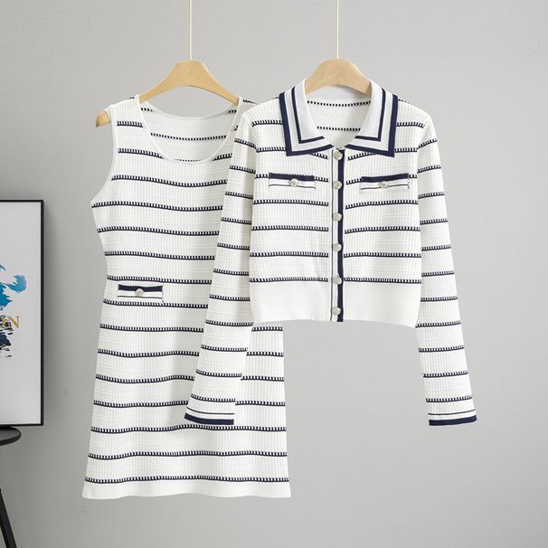 Completo con abito e cardigan in maglia a righe – Due pezzi a maniche lunghe (misto viscosa-poliestere, taglia unica)_voghion.com