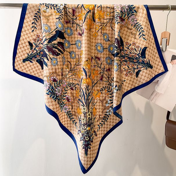 Modes margrietiņu šalle, ziedu apdrukas šalle, zīda kvadrātveida šalle ar tvīla rakstu, 90x90 cm šalle, saules aizsardzība, ceļojumu galvas saite_voghion.com