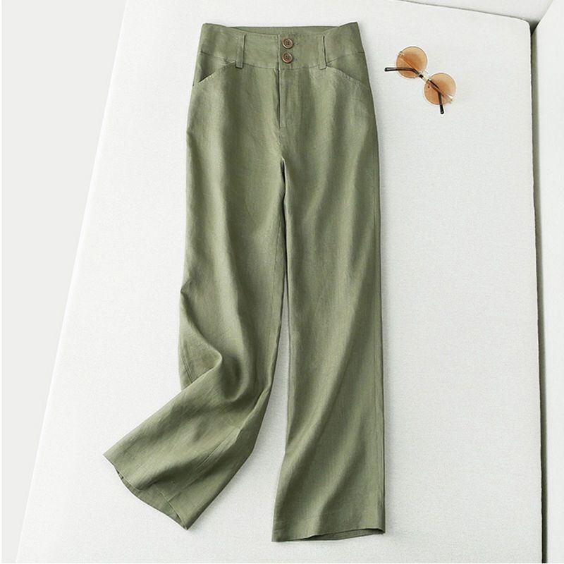 Moose Leinenhose mit geradem Bein für Damen, neue halbelastische, hoch taillierte, schmale Freizeithose aus Baumwolle und Leinen mit weitem Bein_voghion.com