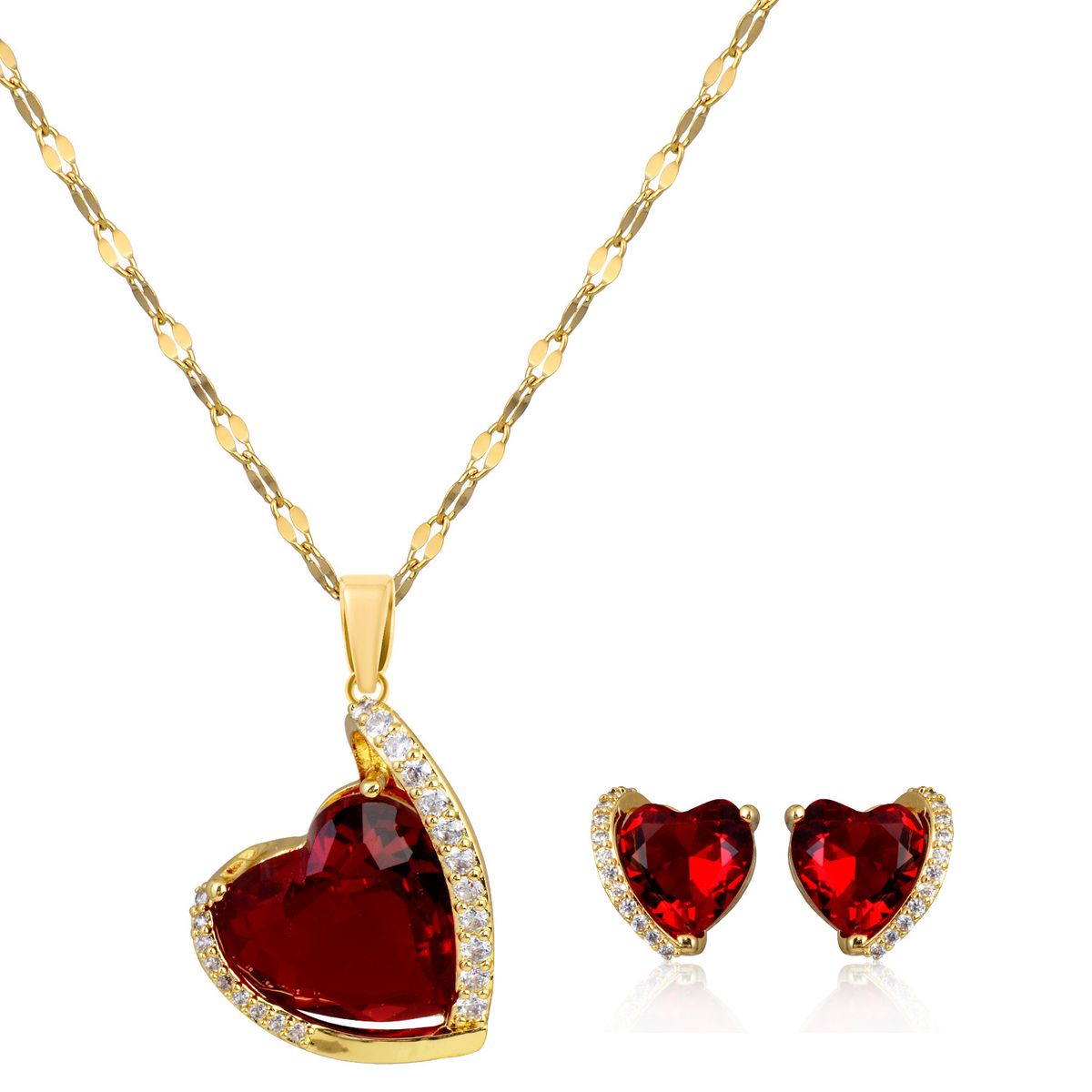 Set di orecchini con zirconi a forma di cuore splendente, set di gioielli con ciondolo a forma di cuore e collana con pietre preziose_voghion.com