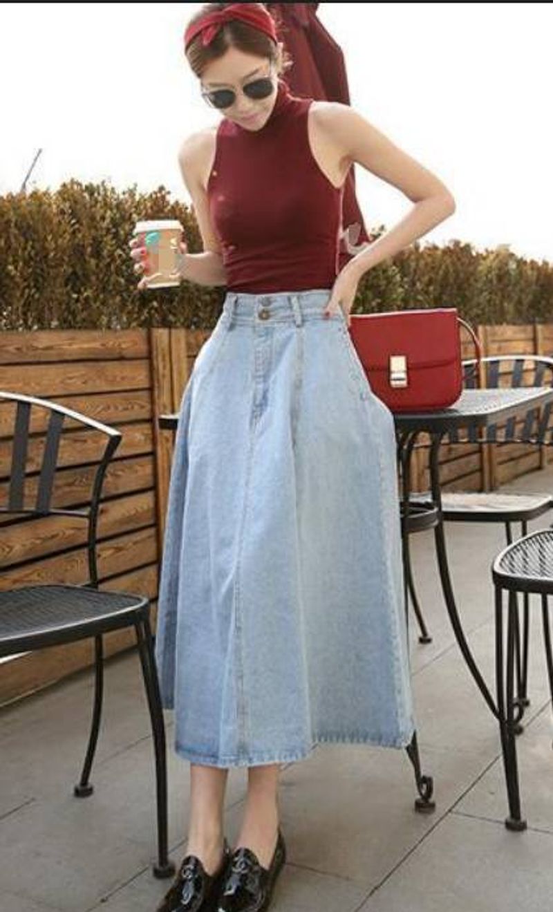 Retro-Jeansrock mit hoher Taille, schlanker A-Linien-Jeansrock mit großem Swing, schlichter Jeansrock, langer Rock für Damen_voghion.com