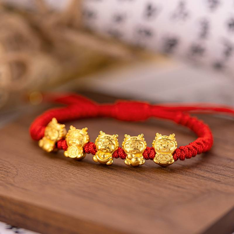 Vufu zelta pūķa smilšu zelta sarkana virve sieviešu nacionālā modes jauna ķīniešu stila austa sarkana pūķa zodiaka gada aproce_voghion.com