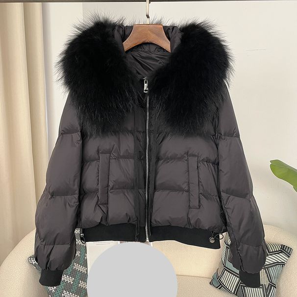 Abbigliamento da donna, oversize, collo in pelliccia di procione, invernale, corto, spesso, in piuma d'anatra bianca, cappotto piatto_voghion.com