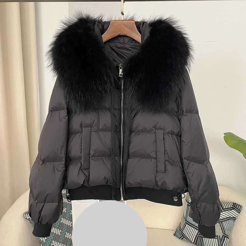 Women's Clothing Oversized Raccoon Fur Collar Winter Women's Short Thickened White Duck Down Jacket Flat Coat Coat_voghion.com