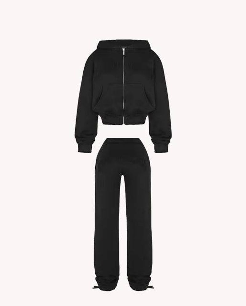 Damenbekleidung Kapuzenpullover mit Reißverschluss, elastische Taille, lockere, lässige, gerade Hose, zweiteiliger Anzug_voghion.com