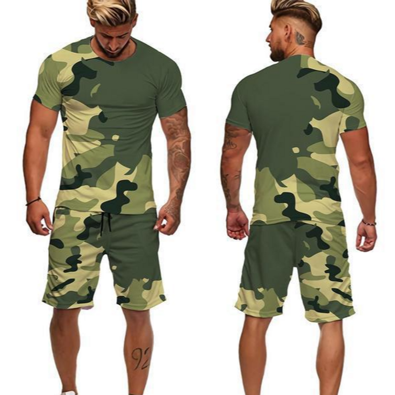 Men's Clothing Camouflage Short Sleeved Shorts Suit Men's Sports T Shirt Suit Large Size Loose Two Piece Suit_voghion.com