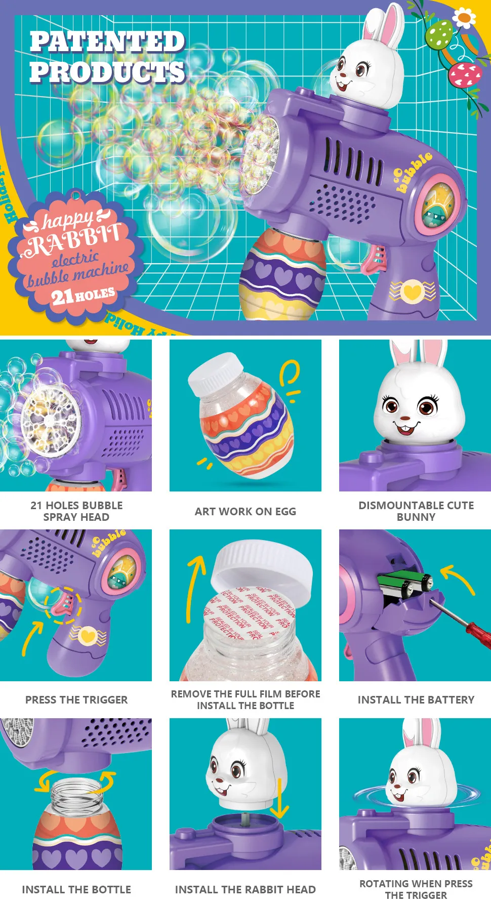 Pistolet à bulles automatique en forme de lapin - Pistolet à bulles rotatif à LED pour enfants, cadeau de Pâques et jouet d'extérieur avec plus de 600 bulles par minute_voghion.com