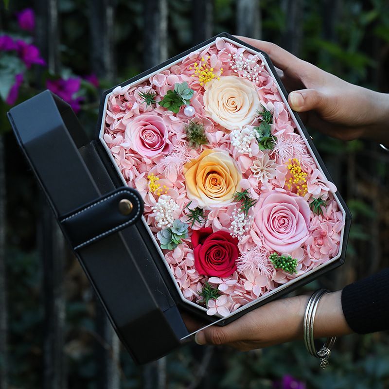Preserved Rose Gift Box - Handmade Real Roses + Crystal Acrylic Cover, Multi-Layer Ribbon Design, Valentine's Day/Mother's Day/Wedding/Grand Opening G_voghion.com