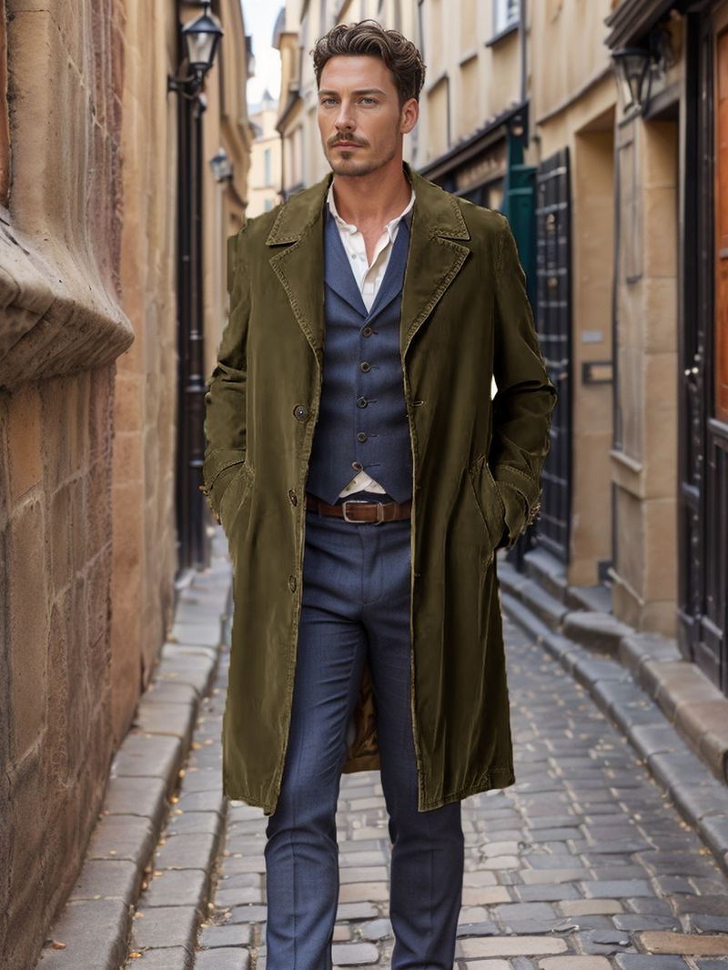 Herrenbekleidung Frühling und Herbst Herren Windjacke Cord Mittellange einreihige einfarbige Jacke_voghion.com