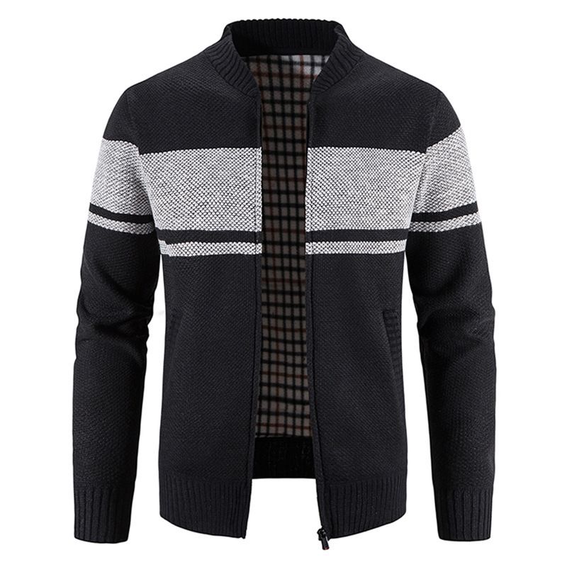 Cardigan in maglia con fodera in pile da uomo | Giacca da baseball con scollo a V (M-3XL, Nero/Grigio/Blu-Grigio)_voghion.com