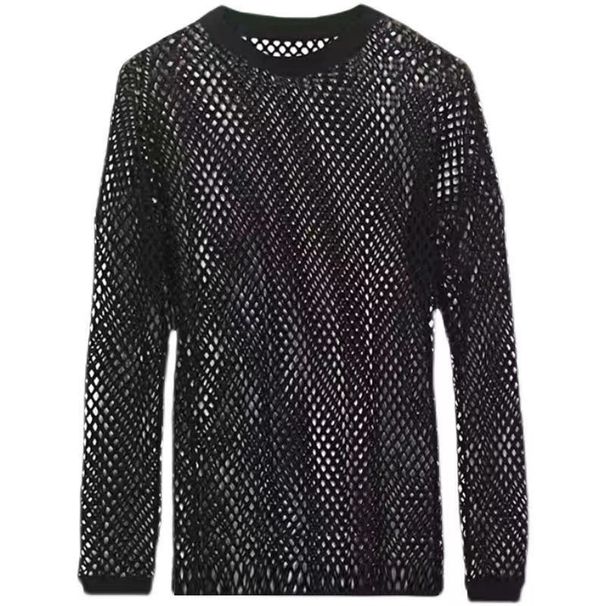 T-shirt da uomo a maniche lunghe con spalle cadenti, sexy abbigliamento da discoteca, traspirante e versatile fondo in rete cava_voghion.com