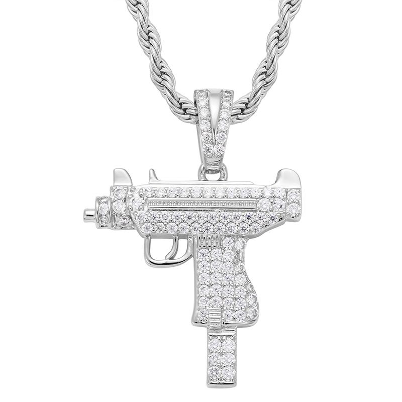 Collana con ciondolo a forma di mitragliatrice Uzi con micro zirconi intarsiati da uomo, tendenza moda hip hop_voghion.com