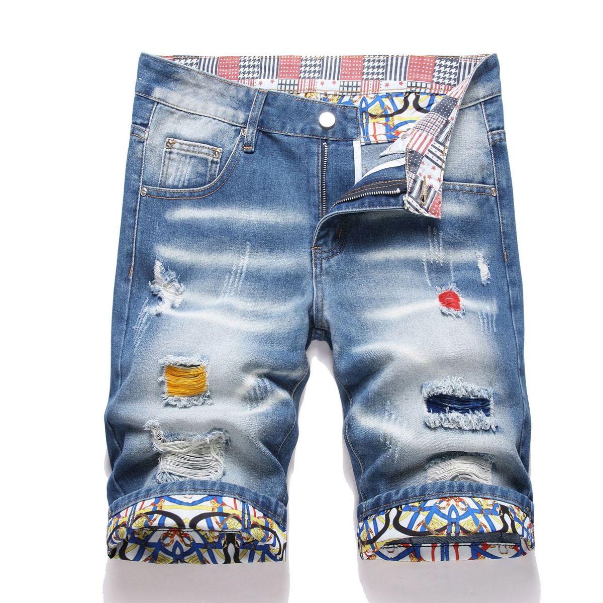 New Summer Distressed Painted Men's Five-Point Denim Shorts Trendy Slim Straight Pants_voghion.com
