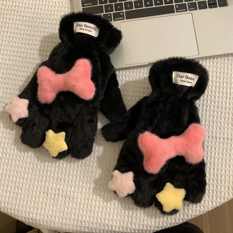 Original Cute Star Plush Cartoon Five Finger Gloves For Girls In Winter, Thick And Warm, Student Riding Finger Scarf_voghion.com