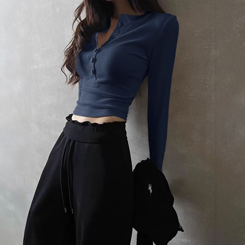 Maglietta a maniche lunghe con colletto semiaperto e spalle regolari, in stile americano, per donna, primavera e autunno, di alta qualità_voghion.com