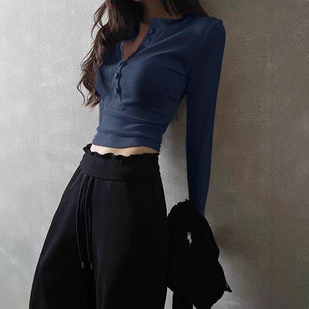 Maglietta a maniche lunghe con colletto semiaperto e spalle regolari, in stile americano, per donna, primavera e autunno, di alta qualità_voghion.com