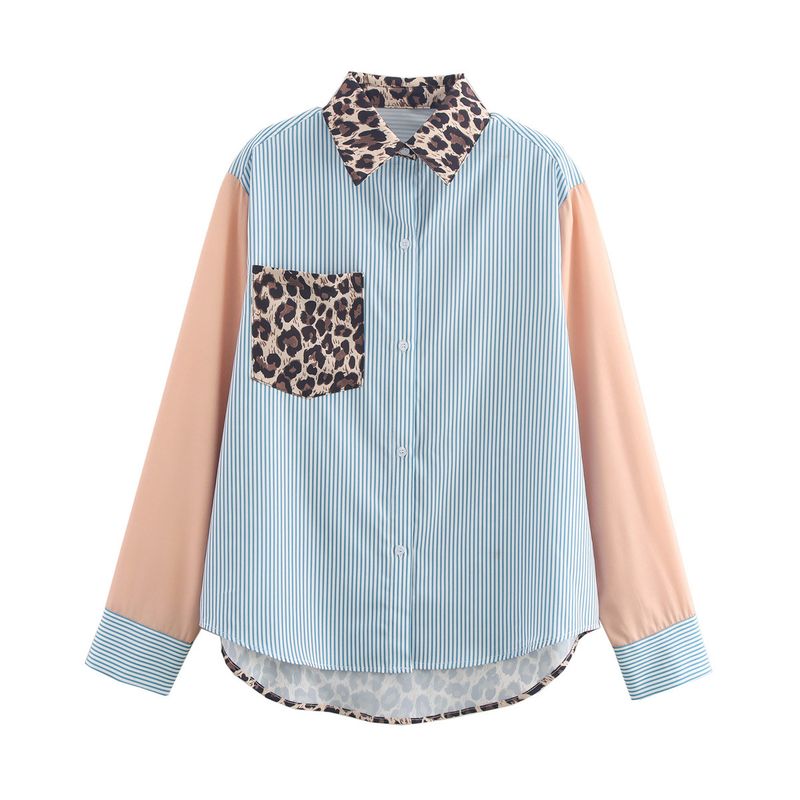 Dametøj Efterår New Fashion Print Leopard striber Kontrastfarve syning Interface Lomme dekoration skjorte top_voghion.com