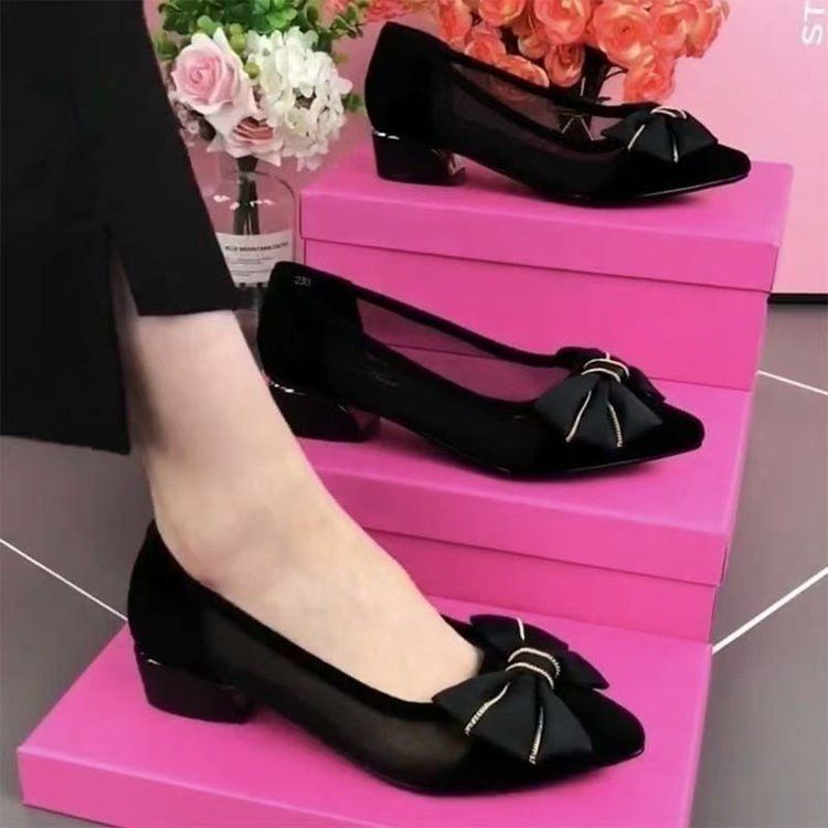 Mesh Single Shoes Women's Low Heel Versatile Hollow Mesh Women's Shoes Pointed Thick Heel Sandals Simple_voghion.com