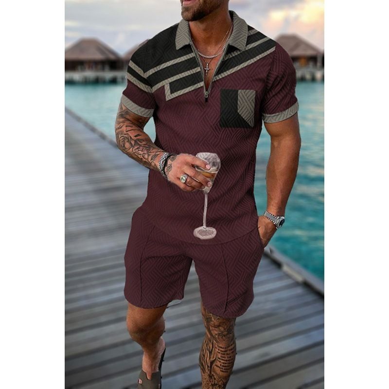 Men's 3D Polo Set - Printed Chain Design | Slim Fit Short Sleeve Outfit_voghion.com