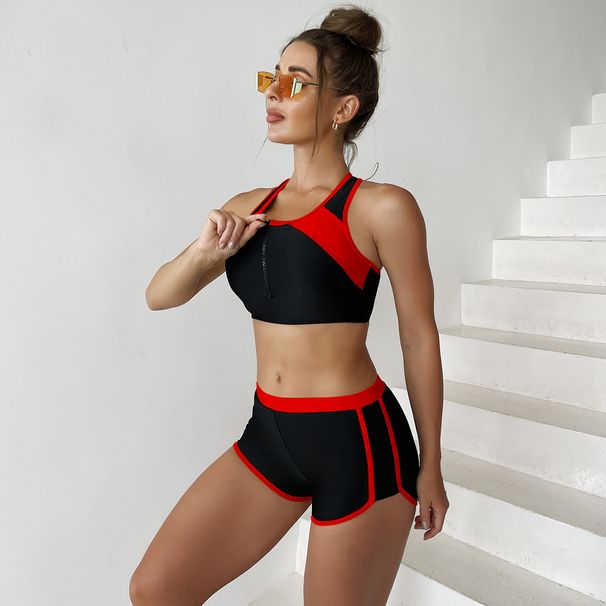 Ensemble deux pièces débardeur zippé short combinaison de plongée maillot de bain sport color-block pour femme_voghion.com