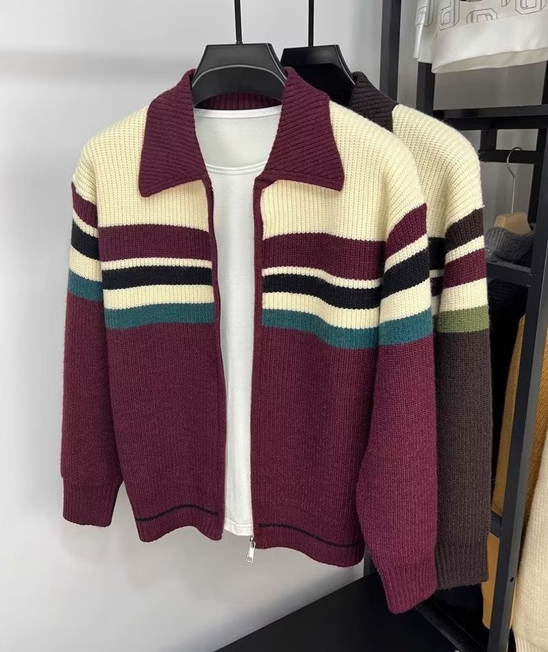 Vêtements pour hommes Haute qualité! Cardigan rétro à rayures torsadées avec fermeture éclair pour homme, veste ample à manches longues à revers, automne et hiver_voghion.com