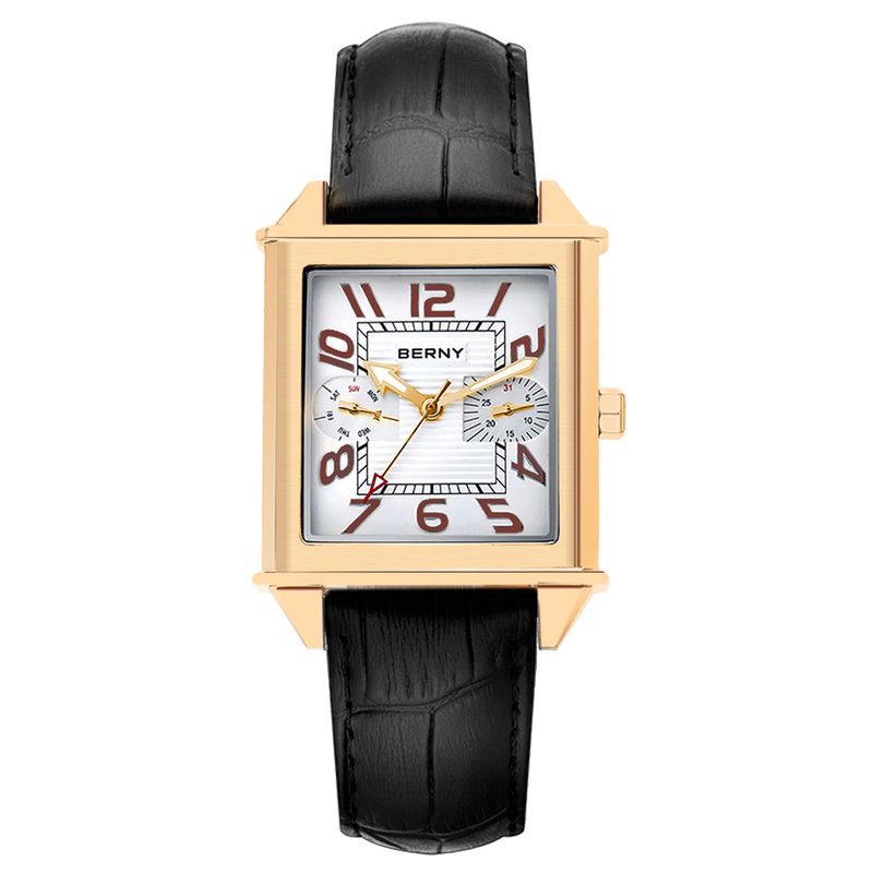 BERNY Lederuhren für Herren, rechteckiges Gehäuse, leicht ablesbare analoge Quarzuhr mit Tag- und Datumsanzeige, leuchtender Edelstahl-Armbanduhr, wasserdicht_voghion.com