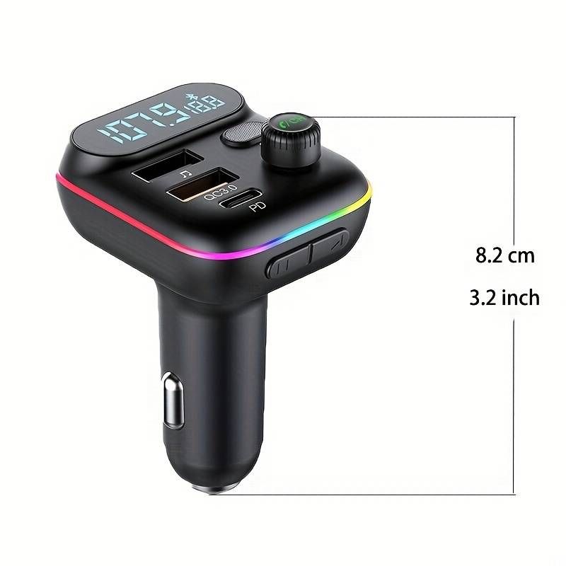 Adapter voor auto, draadloze FM-radiozender, Wireless 5.0, MP3-muziekspeler, QC3.0 + PD 20W USB-autolader, 7 kleuren LED_voghion.com